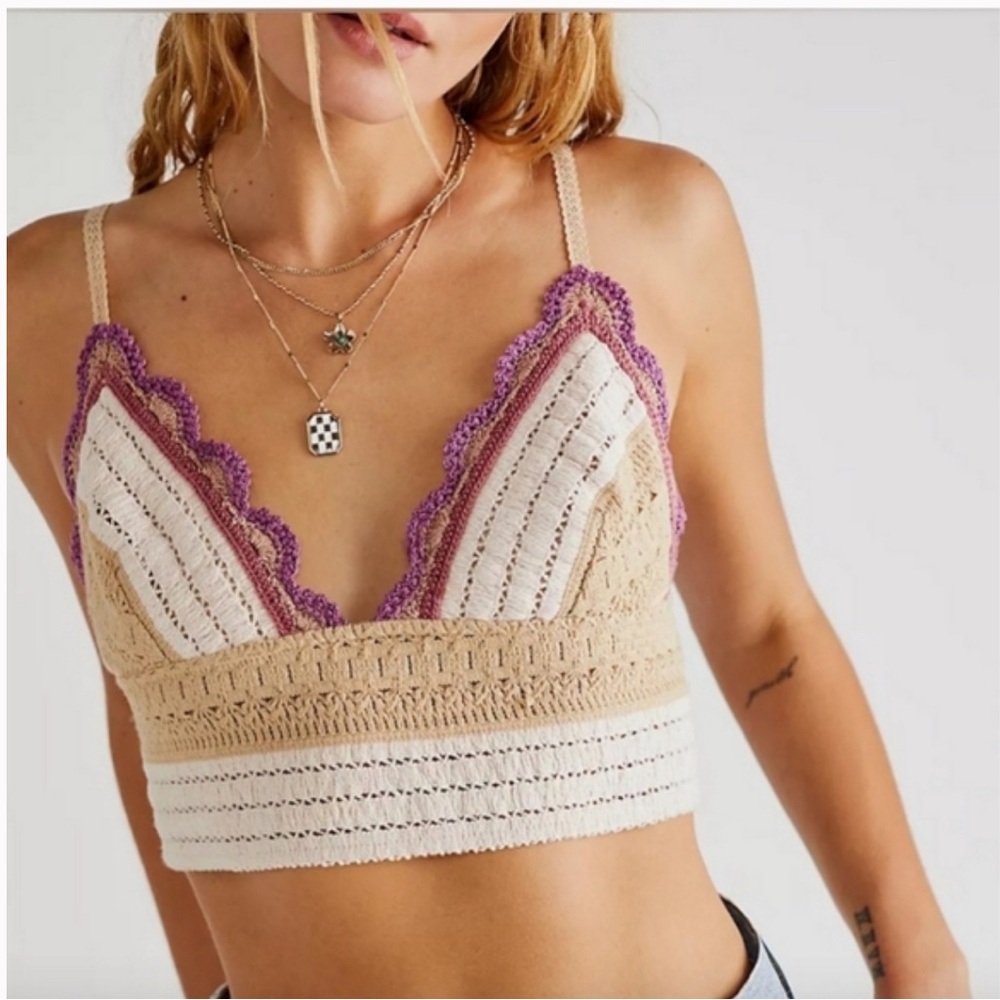 45. NWT Free People Intimately Crochet Lace Tan And Purple Bralettes Sz Small